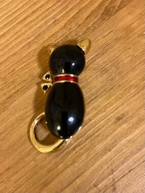 Vintage Black Cat Pin Christmas Brooch Anne Klein Cabochon Red Bow Halloween AK